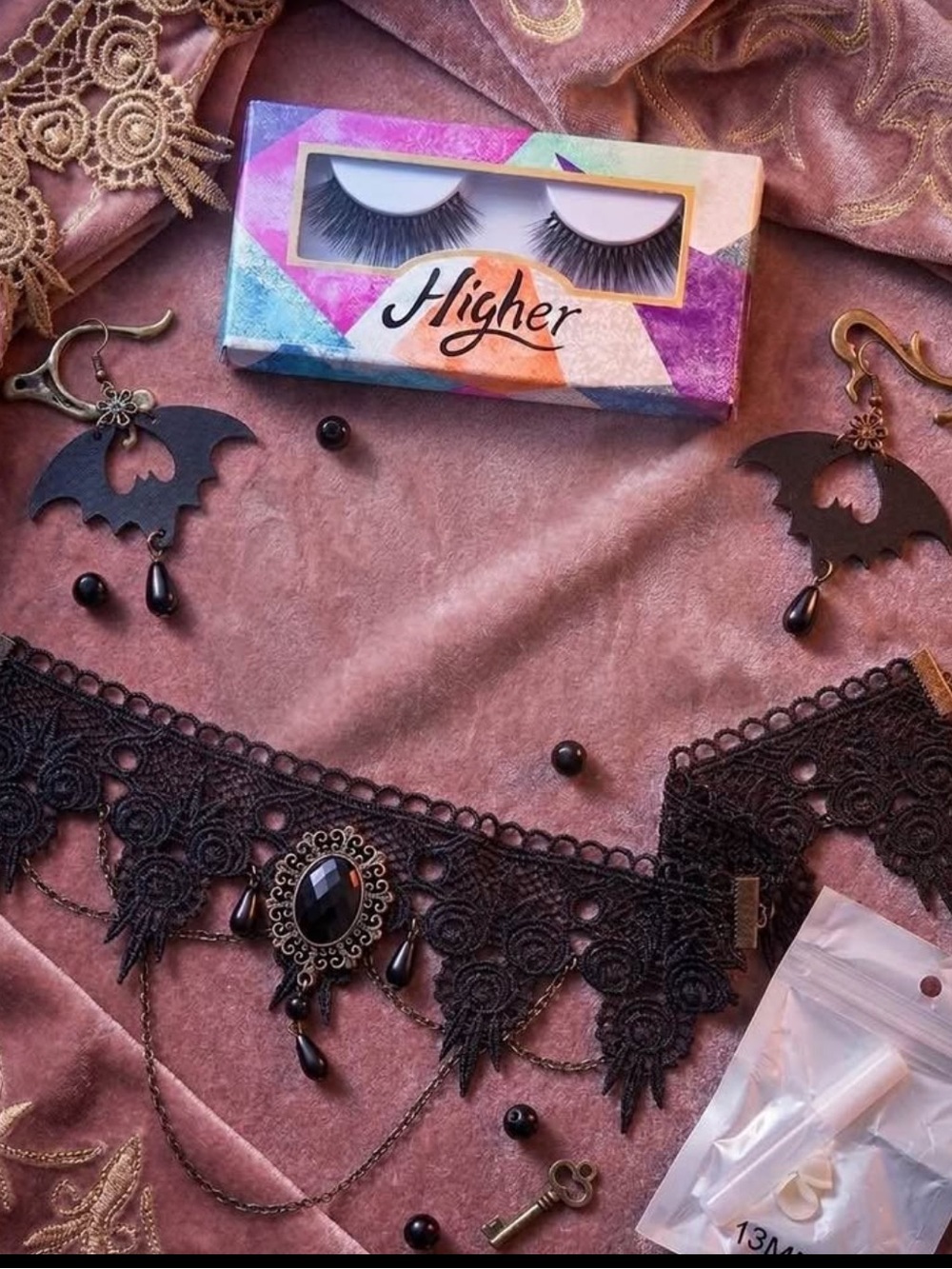 Halloween / Goth Costume Set: Black Lace Choker, Bat Earrings, Lashes